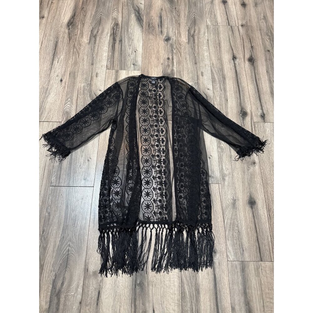 Black Sheer Lace Kimono Whimsy Goth Fairy Boho Festival Jacket Fringe Embroidere